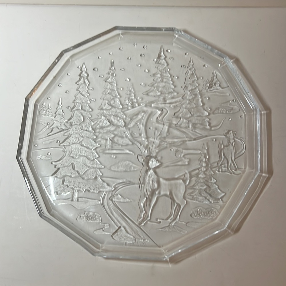 Crystal Glass Serving Platter Deer Forest Christmas